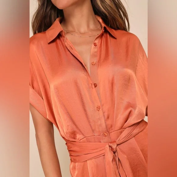 Steve Madden Tori Rust Orange Satin Short Sleeve Jumpsuit BNWT - Picture 5 of 6